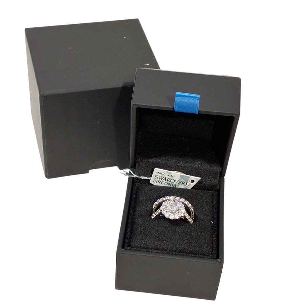 Swarovski Sterling Silver 925 Platinum Flower‎ Halo Ring Band Set Size 6 NEW